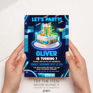 Neon Building Blocks Birthday Invitation. Printable Digital Kids Birthday Party Invite Template Editable Invitation Blocks Theme /BL1