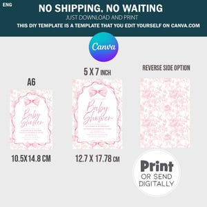 May include: Printable baby shower invitation template with a pink bow and floral design. The template is available in two sizes: 5x7 inches and A6 (10.5x14.8 cm).