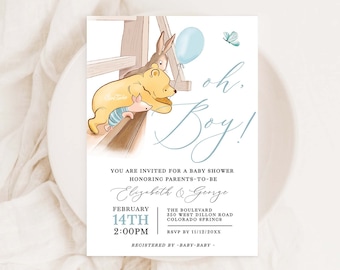 Invitación para baby shower de Winnie The Pooh, invitación para baby shower de Winnie, baby shower de Oh Boy, baby shower de niño, invitación de Winnie The Pooh WP1