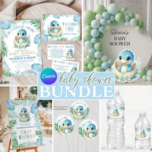 Può includere: Un pacchetto baby shower con inviti, biglietti di ringraziamento e decorazioni. I disegni includono un dinosauro blu che esce da un uovo, circondato da foglie tropicali. Il pacchetto include etichette per bottiglie d'acqua e un arco di palloncini.