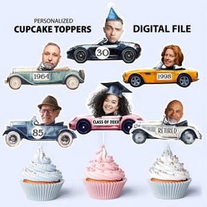 Personalisiertes Gesicht Cupcake Toppers, Geburtstagspartydekoration für Erwachsene, Abschlussdekoration, Ruhestand Cupcake Topper, Arbeitsjubiläum