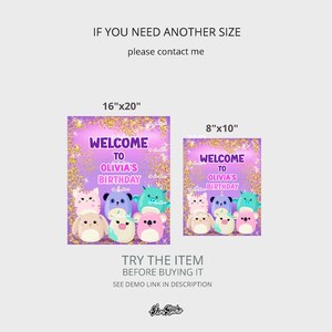 May include: Two printable welcome signs for a birthday party. The signs feature a purple background with gold glitter, a pink banner with the text "Welcome to Olivia's Birthday", and a group of colourful cartoon characters. The signs are available in two sizes: 16 inches by 20 inches and 8 inches by 10 inches.