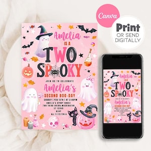 Two Spooky Birthday Girl Halloween Birthday Party Invites, 2nd Birthday Pink Ghost Party Invitation Template BOO1