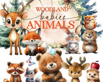 Woodland Animals Clipart PNG, Watercolor Forest Animals, Nursery Clipart, Woodland Babies Animals, PNG Clipart Bundle