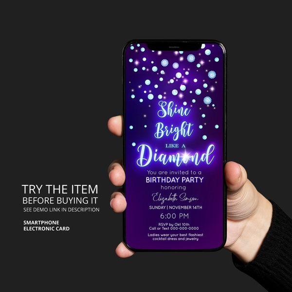 Shine bright like a Diamond Smartphone Invitation Template | Glamour Invitation Diamond Birthday Electronic e-vite Instant Download