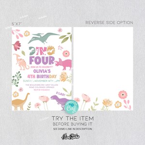 Pode incluir: Um convite de 12,7 cm x 17,8 cm para uma festa de quarto anivers&aacute;rio. O design apresenta dinossauros coloridos, flores e o texto "Dino Four". O verso est&aacute; em branco. Inclui o texto "Try the item before buying it."