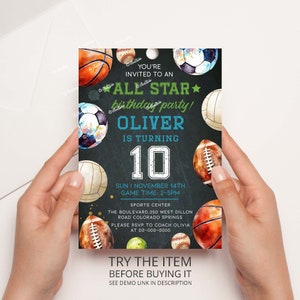 Editable All Star Birthday Invitation, Sports Birthday Invite, Soccer Birthday Invite, Sports Party Ball Invitation, Football Birthday KB12