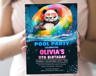 Convite editável para festa de aniversário na piscina para todas as idades, convite de aniversário de menina, convite para festa com tobogã, aniversário na piscina, modelo arco-íris PP1