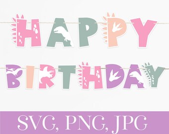 May include: A pink, green, peach, and purple banner with the words "Happy Birthday" in white letters. Each letter has a dinosaur silhouette and dinosaur footprints. The banner is for a dinosaur themed birthday party.
