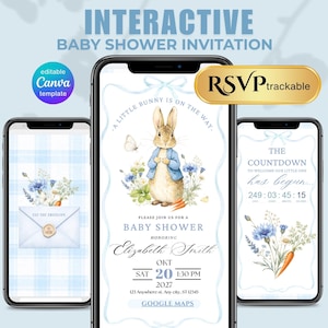 May include: Interactive baby shower invitation displayed on three smartphones. The design features a watercolor illustration of a bunny, flowers, and carrots. Text includes "A little bunny is on the way" and RSVP information. The invitation is a Canva template.