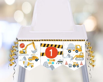 Construction Birthday Boy High Chair Banner Template  for 1st Birthday Party Highchair Banner boy First Birthday Decorations C5