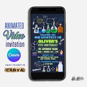Pode incluir: Um convite animado em vídeo preto e azul para uma festa de aniversário de 5 anos com tema científico. O convite apresenta um fundo de quadro-negro com béqueres, tubos de ensaio e fórmulas químicas. O texto diz "Calling all mad scientists for Oliver's 5th birthday." O experimento começa no domingo, 14 de novembro, das 14h às 17h no Secret Lab, The Boulevard, 350 West Dillon Road Colorado Springs. RSVP para o Professor Olivia no 00-000-0000.