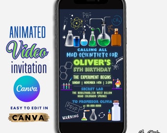 May include: A black and blue animated video invitation for a 5th birthday party with a science theme. The invitation features a chalkboard background with beakers, test tubes, and chemical formulas. The text reads "Calling all mad scientists for Oliver's 5th birthday." The experiment begins on Sunday, November 14th from 2-5pm at the Secret Lab, The Boulevard, 350 West Dillon Road Colorado Springs. RSVP to Professor Olivia at 00-000-0000.