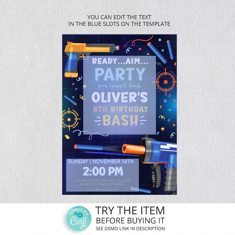 Dart Gun Invitation Template for ANY AGE Dart Gun Birthday Invitation Printable Boy Dart Party Invite Dart Wars Ready Aim