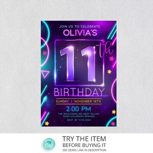 Neon Birthday Invitation Template 11th Girl Birthday Neon Glow Party Invitation Digital Editable Template /16