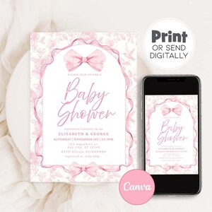 May include: Pink baby shower invitation with a floral background and a pink bow. The invitation says "Please join us for a Baby Shower" and includes the names Elizabeth & George, the date and time of the shower, and the address. The invitation also includes the RSVP information and the registry information.