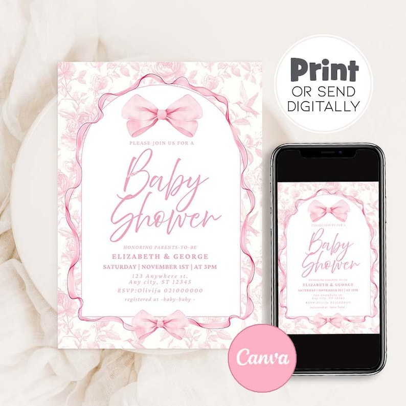 May include: Pink baby shower invitation with a floral background and a pink bow. The invitation says "Please join us for a Baby Shower" and includes the names Elizabeth & George, the date and time of the shower, and the address. The invitation also includes the RSVP information and the registry information.