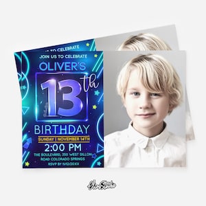 Neon Birthday Invitation, 13th Birthday Boy, Glow in the Dark Birthday Invitations, Glow Party Invite Instant Download Template N47
