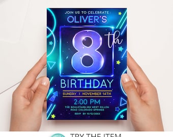 Neon Birthday Invitation Template 8th Boy Birthday Neon Glow Party Invitation Digital Editable Template /3