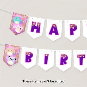 May include: Purple and pink "Happy Birthday" banner with gold glitter accents. The banner features cartoon characters on the ends.