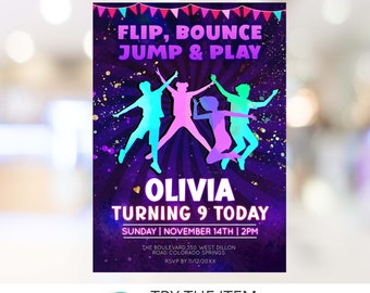 May include: Purple and pink birthday invitation with a silhouette of children jumping. The text reads "Flip, Bounce, Jump & Play Olivia Turning 9 Today Sunday | November 14th | 2PM The Boulevard, 350 West Dillon Road Colorado Springs RSVP by 11/12/20XX"