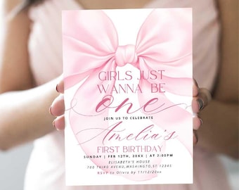 Girls Wanna Be One Invite, strik eerste verjaardagsuitnodiging sjabloon Canva, uitnodiging roze strik coquette, thema roze strik, AB9
