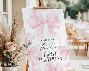 Coquette Bow Birthday Decoration Template Canva, Pink Bow Welcome Sign Pink Ribbon, 1st Birthday Party Yard sign  AB3