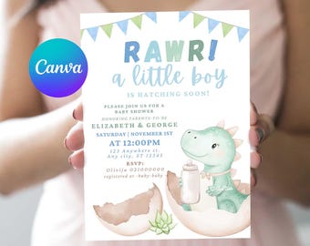 Dinosaur Baby Shower invitation Couples Baby Shower Invite It's a Boy Greenery Boho Dinosaur Invitation Editable Digital Template Canva DB1