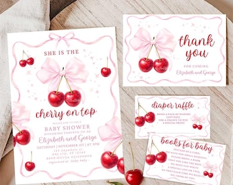 Cherry Baby Shower invitation Set, Cherry on Top Baby Shower Invitation, Pink Bow Baby Shower Invite, Coquette Bow Baby Shower Invite Canva