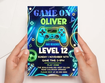 Editable Gaming Birthday Invites Video Game Invitation Template Video Game Birthday Invite Gaming Party Invite Game On Neon Gamer Invite N41