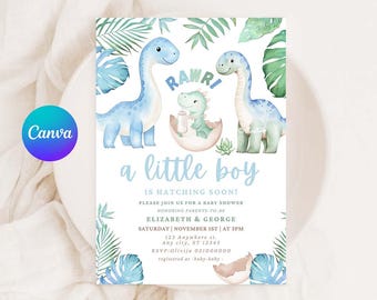 Dinosaur Baby Shower invitation Couples Baby Shower Invite It's a Boy Greenery Boho Dinosaur Invitation Editable Digital Template Canva DB2
