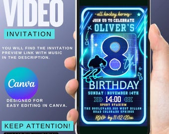 Hockey Themed Video Invitation Birthday Neon Invitation Template 8th Birthday Sports Party Invite Hockey Birthday Animated Invitation Canva