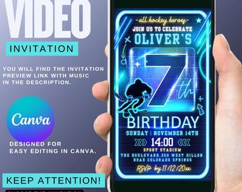 Hockey Themed Video Invitation Birthday Neon Invitation Template 7th Birthday Sports Party Invite Hockey Birthday Animated Invitation Canva
