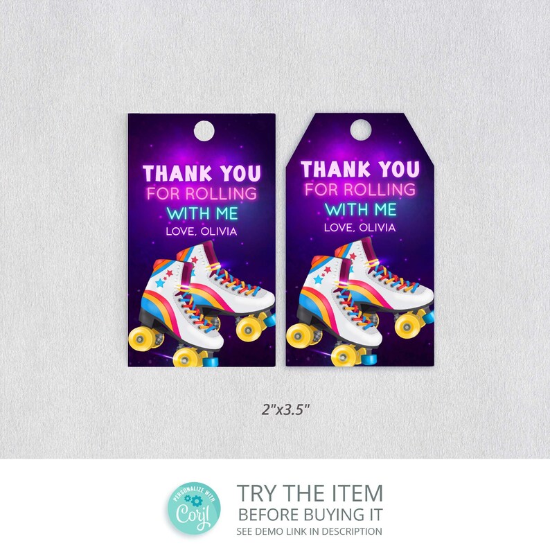 Editable Roller Skates Birthday Invitation With a Favor Tag Template