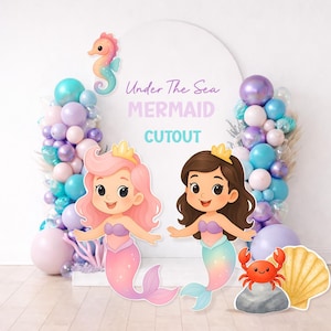 May include: Mermaid cutout decorations with the text "Under The Sea Mermaid Cutout". The image features two mermaid cutouts, a seahorse, a crab, and a seashell. The cutouts are surrounded by balloons in shades of pink, purple, and blue.