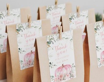 Editable Pink Floral Pumpkin Birthday Thank You Tags Little Pumpkin Birthday Tags Pumpkin 1st Birthday Gift Tags Girl Birthday Favors P10