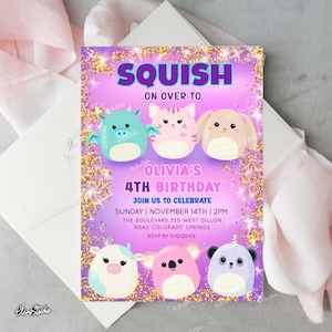 May include: Purple birthday invitation with gold glitter and a squishmallow theme. The invitation says "Squish On Over To Olivia's 4th Birthday" and includes the date, time, and location of the party.