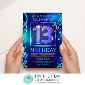 Modèle d’invitation d’anniversaire Neon 13th Boy Birthday Neon Glow Party Invitation Modèle modifiable numérique /02-20