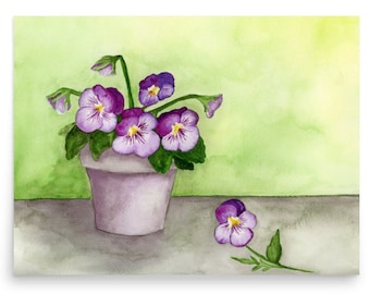 Potted Pansies Watercolor Art Print | Purple Flower Painting