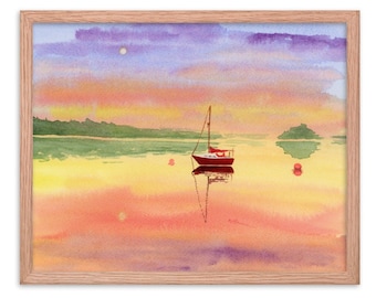 Havenzonsondergang aquarel schilderij | Muurkunstafdruk zeegezicht