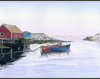 Puede incluir: Pintura a la acuarela de una escena costera con un edificio rojo sobre pilotes, un barco azul y un barco rojo flotando en agua tranquila. El cielo es de un color suave y pálido, creando un ambiente sereno.