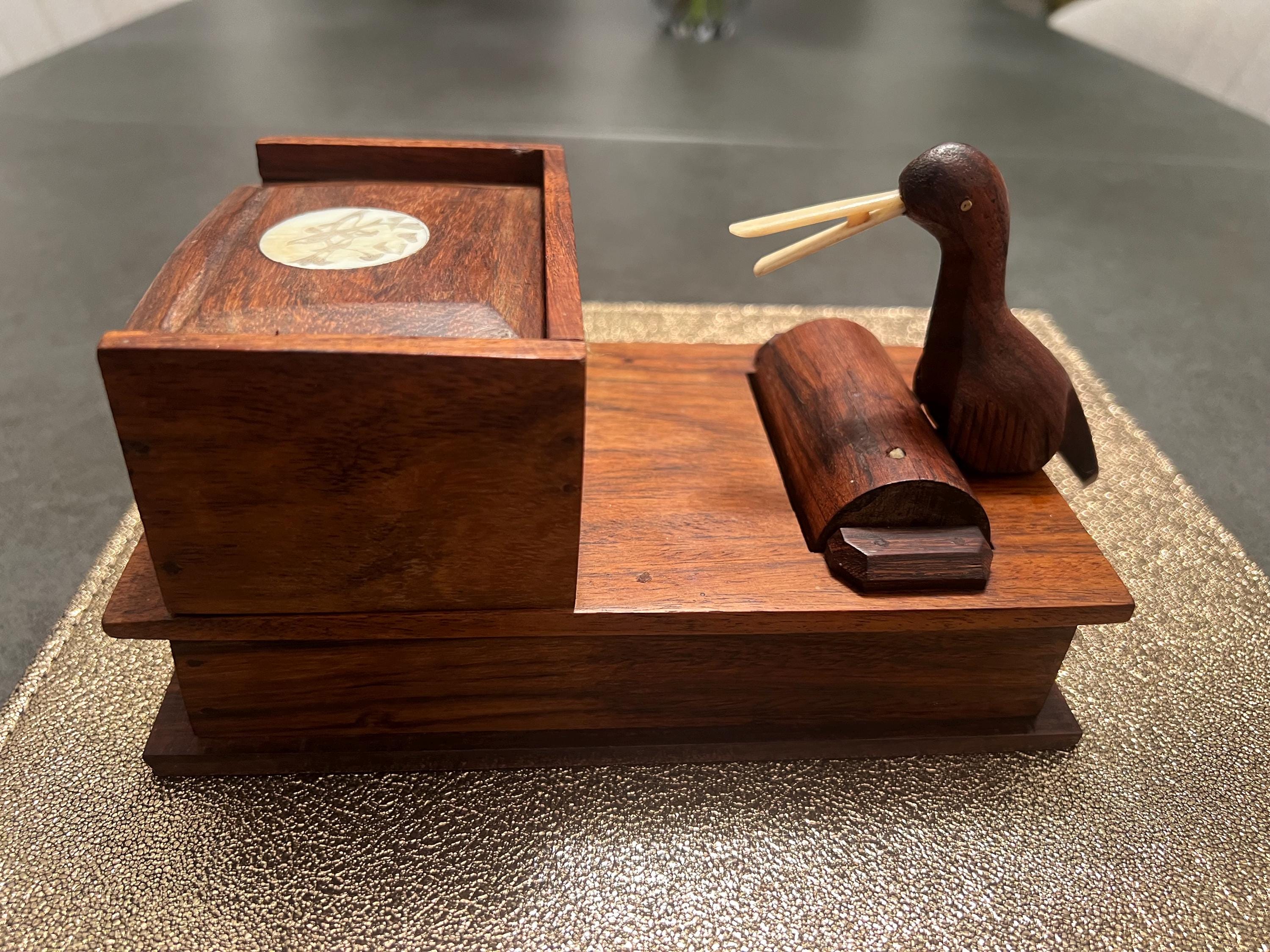 wooden bird cigarette dispenser Vintage Bobbing Industrial Artifacts Vintage Novelty Wooden Pecking Bird