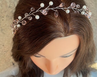 Handmade bridal wedding silver pink and pearl hair vine hair band | wedding bridal hair piece | hair accessory | hair jewellery