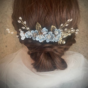 Vintage inspired bridal wedding blue fabric & gold flower hair comb with pearls | bridal hair accessory | hair jewellery | bridal hair piece