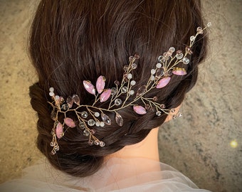 Vintage inspired pink crystal hair vine | wedding bridal hair vine | hair piece | bridal hair accessory | hair jewellery