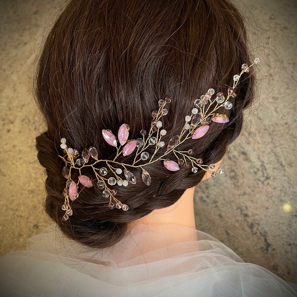 Vintage inspired pink crystal hair vine | wedding bridal hair vine | hair piece | bridal hair accessory | hair jewellery