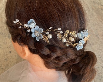 Vintage inspired bridal wedding 2 piece blue fabric & gold flower hair comb and pin set | bridal hair accessory jewellery | something blue