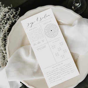 SIP & SOLVE, Activité de décoration de mariage minimaliste imprimable, Feuille de jeu, Menu de dîner de mariage à script moderne, Imprimable, Téléchargement numérique