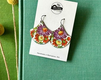 Orange and purple floral vintage tin earrings