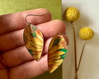 Sunflower vintage tin repurposed earrings